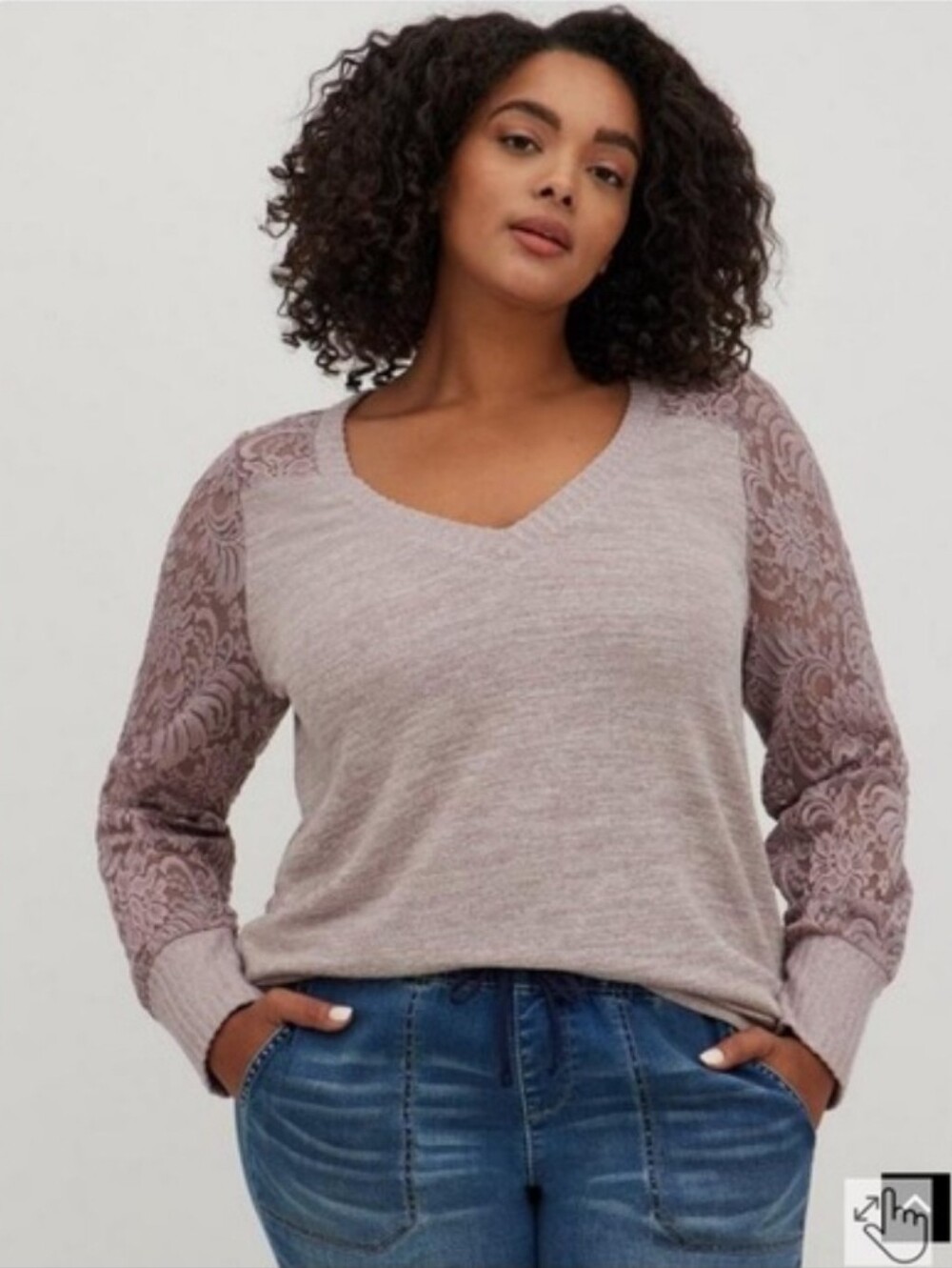 Torrid Super Soft Plush V-Neck Lace Sleeve Long Sleeve Top Size 2, 2x DAMAGE